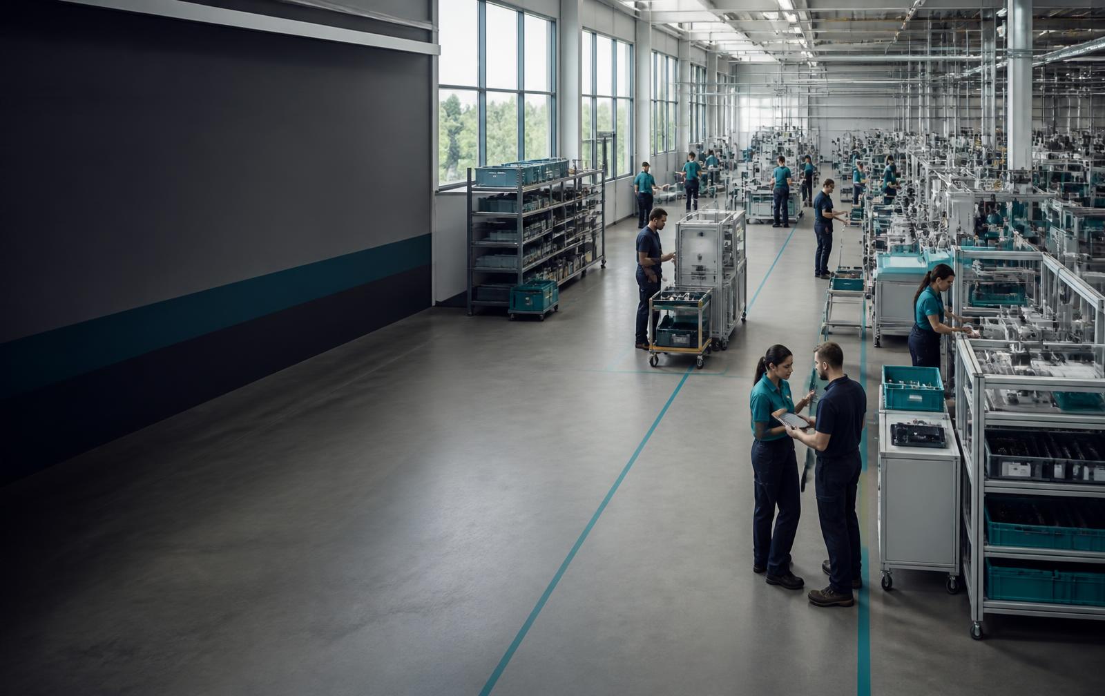 Stabilimento produttivo moderno con personale al lavoro sulle linee